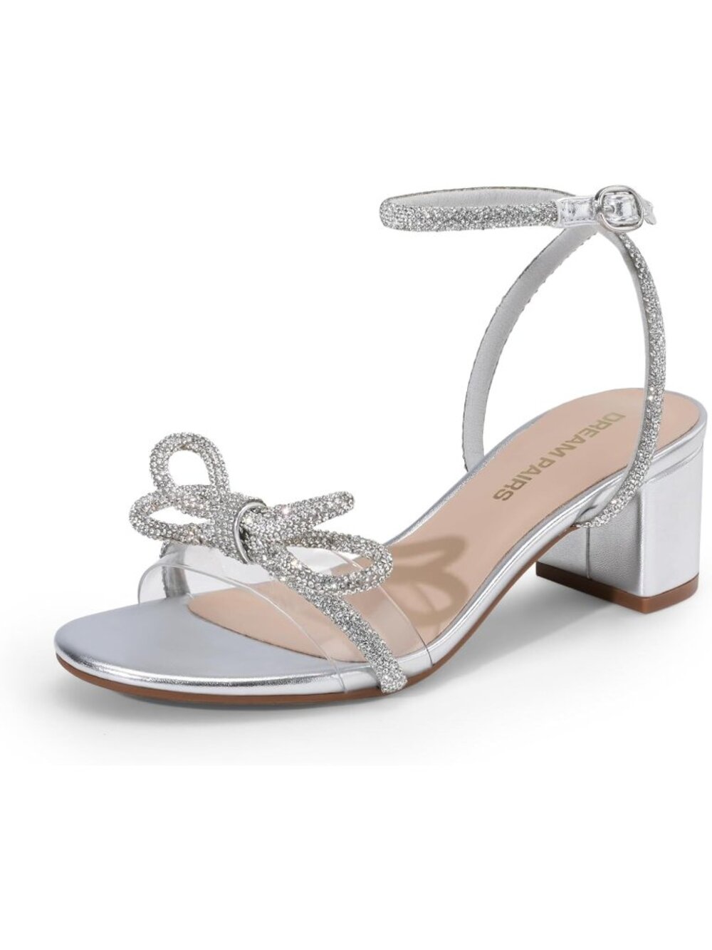 Dream Pairs Women's Silver Open Toe Rhinestone Double Bow Chunky Sandals